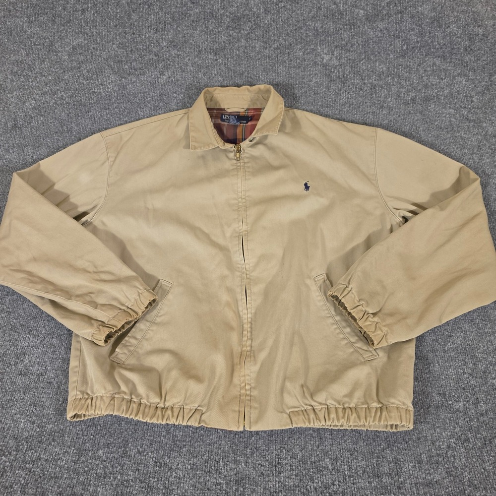 VTG 90s Polo Ralph Lauren Mens Tan Plaid Lined Cotton Harrington Jacket Med Flaw